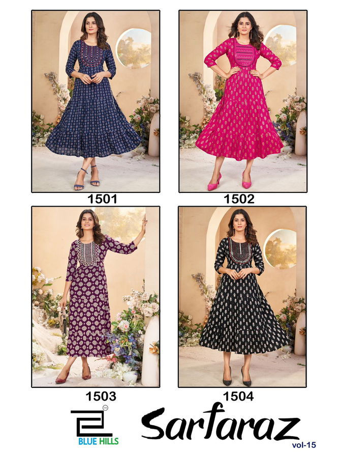 Sarfaraz Vol 15 By Blue Hills Rayon Printed Long Kurtis Wholesalers In Delhi
